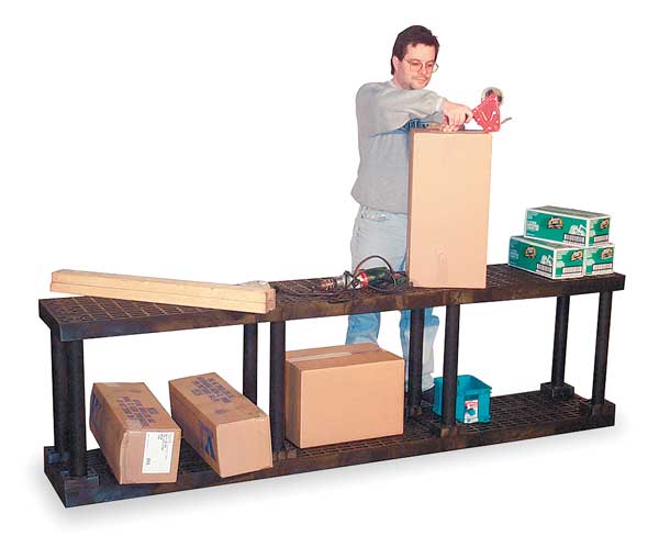 Freestanding Plastic Shelving Unit, Open Style, 16 in D, 96 in W, 27 in H, 2 Shelves, Black