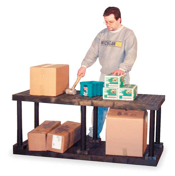Freestanding Plastic Shelving Unit, Open Style, 24 in D, 66 in W, 27 in H, 2 Shelves, Black