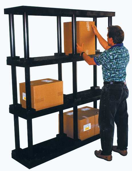 Freestanding Plastic Shelving Unit, Open Style, 16 in D, 96 in W, 27 in H, 2 Shelves, Black