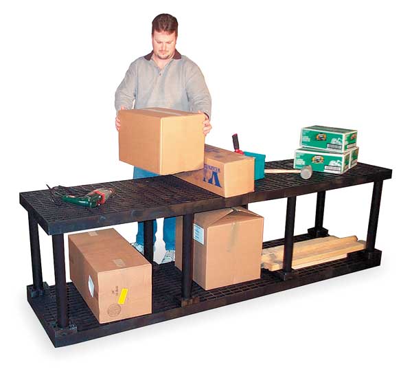 Freestanding Plastic Shelving Unit, Open Style, 24 in D, 96 in W, 27 in H, 2 Shelves, Black