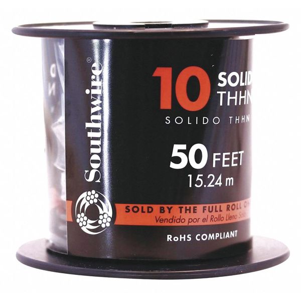 Building Wire, THHN, 10 AWG, 50 ft, Black, Nylon Jacket, PVC Insulation