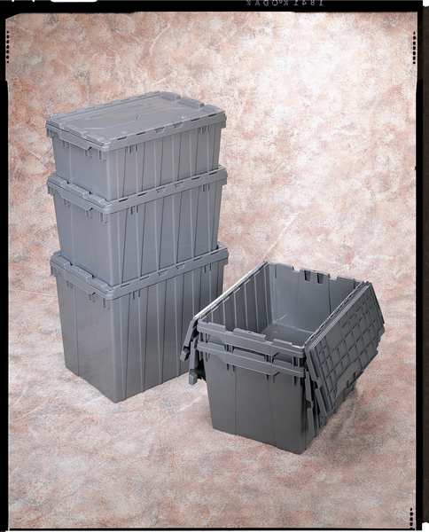 12 gal Attached Lid Container, Gray, Plastic, Steel Hinge, 21 1/2 in L x 15 1/4 in W x 12 1/2 in H