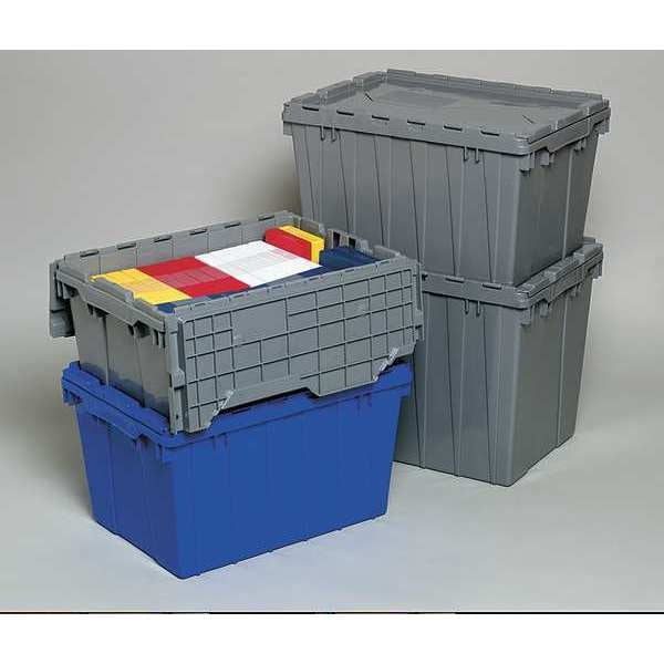 12 gal Attached Lid Container, Gray, Plastic, Steel Hinge, 21 1/2 in L x 15 1/4 in W x 12 1/2 in H