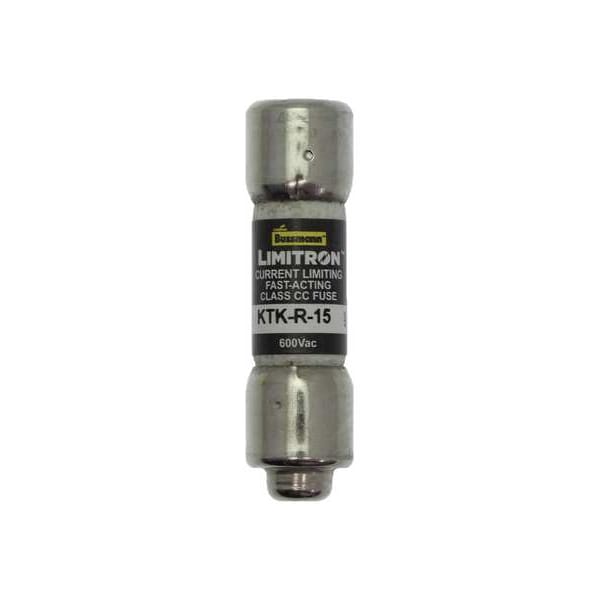 UL Class CC Fuse, Fast Acting, 15A, KTK-R Series, 600V AC, Not Rated, 1 1/2 in L x 13/32 in dia