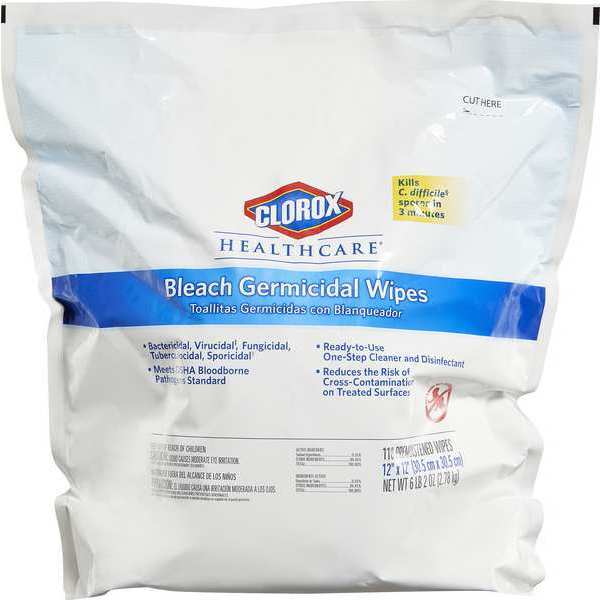 Germicidal Disinfecting Wipes, White, Bag, Hard, Non Porous Surfaces, 2 PK, 110 Wipes, Bleach