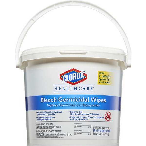 Germicidal Disinfecting Wipes, White, Bucket, Hard, Non Porous Surfaces, 2 PK, 110 Wipes, Bleach