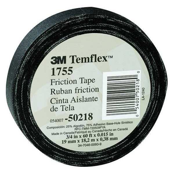 Cloth Friction Tape, 1755, Temflex, 3/4 in W x 60 ft L, 13 mil thick, Black, 1 Pack