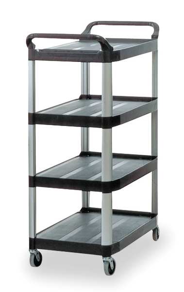 Plastic Dual-Handle Utility Cart with Lipped Plastic Shelves, (2) Raised, 4 Shelves, 300 lb