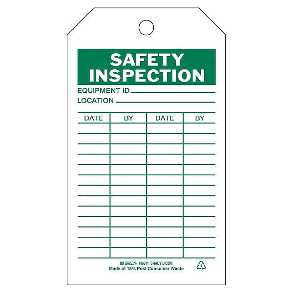 Saf Inspection Tag, 7 x 4 In, Grn/Wht, PK10