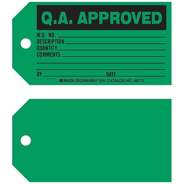 Q.A. Apvd Tag, 3 x 5-3/4 In, Bk/Grn, PK100