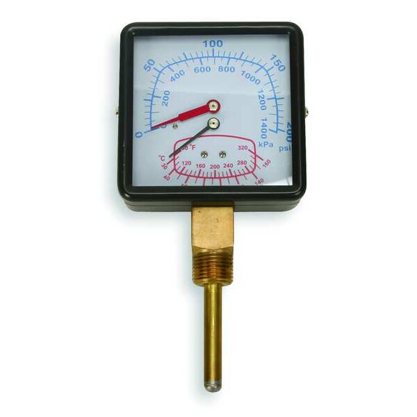 Boiler Gauge, Square, 0-200PSI, 80 to 320 F