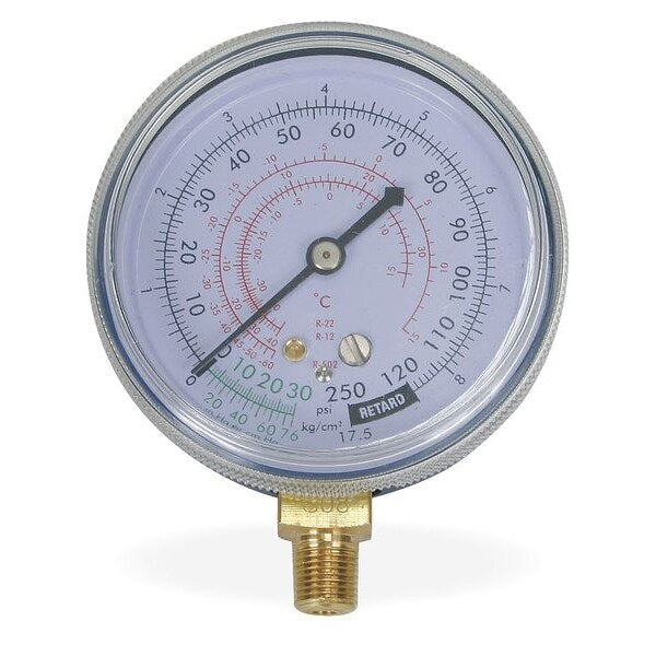 Gauge, 2-1/2 In Dia, Low Side, Blue, 250 psi