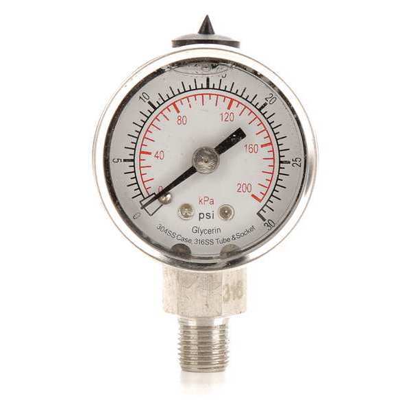 Pressure Gauge, 0 to 30 psi, 1/8 in MNPT, Stainless Steel, Silver