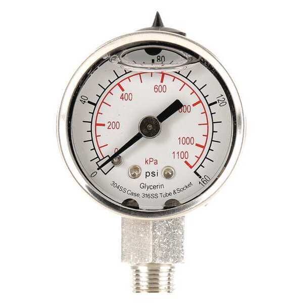 Pressure Gauge, 0 to 160 psi, 1/8 in MNPT, Stainless Steel, Silver