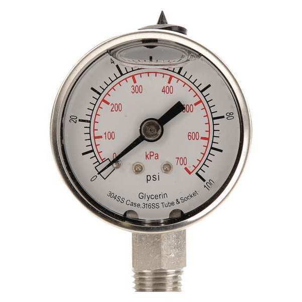 Pressure Gauge, 0 to 100 psi, 1/4 in MNPT, Stainless Steel, Silver