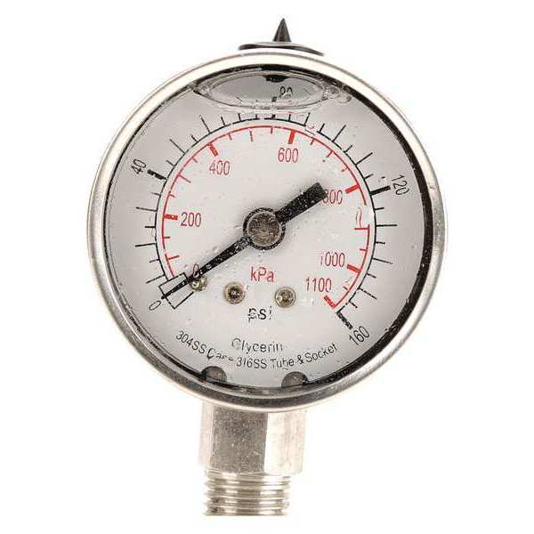 Pressure Gauge, 0 to 160 psi, 1/4 in MNPT, Stainless Steel, Silver