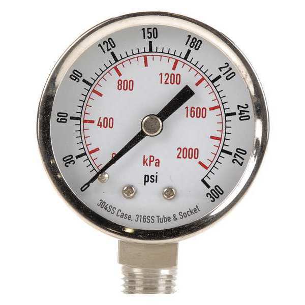 Pressure Gauge, 0 to 60 psi, 1/4 in MNPT, Stainless Steel, Silver