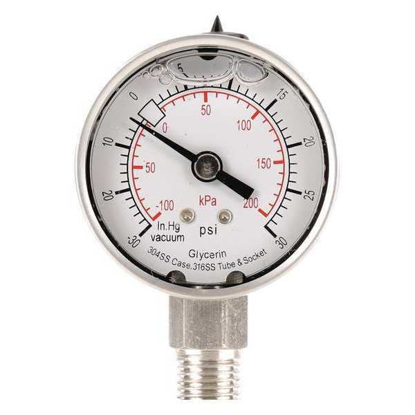 Compound Gauge, -30 to 0 to 30 in Hg/psi, 1/4 in MNPT, Stainless Steel, Silver
