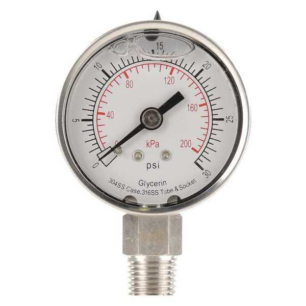 Pressure Gauge, 0 to 30 psi, 1/4 in MNPT, Stainless Steel, Silver