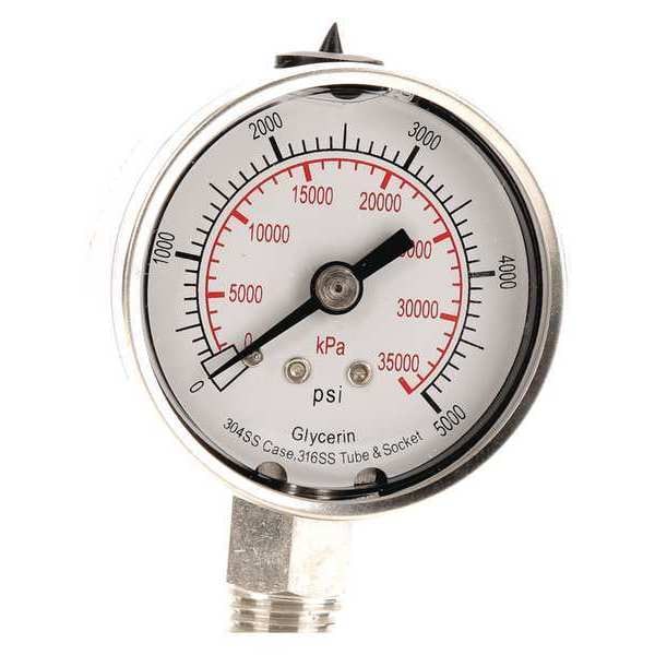 Pressure Gauge, 0 to 5000 psi, 1/4 in MNPT, Stainless Steel, Silver