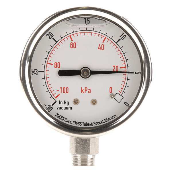 Vacuum Gauge, Liquid Filled, 2-1/2 In, Case Color: Silver