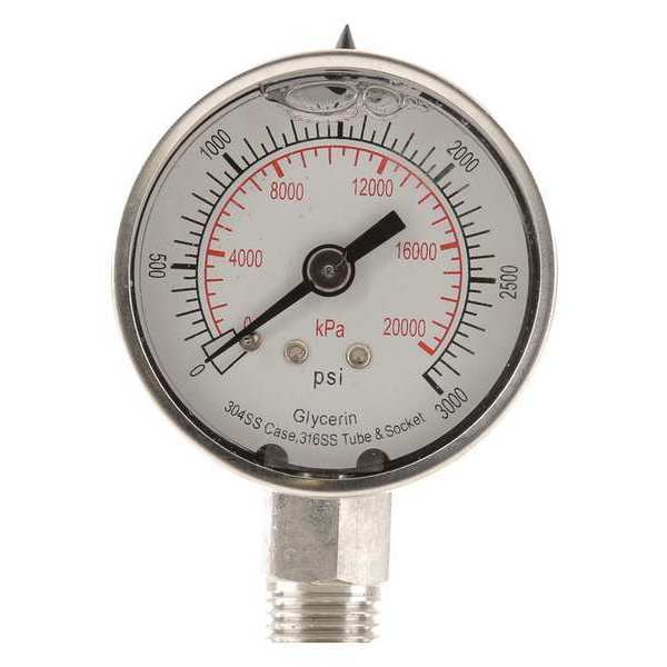 Pressure Gauge, 0 to 3000 psi, 1/4 in MNPT, Stainless Steel, Silver