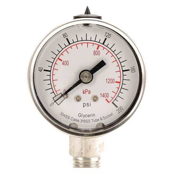 Pressure Gauge, 0 to 200 psi, 1/4 in MNPT, Stainless Steel, Silver