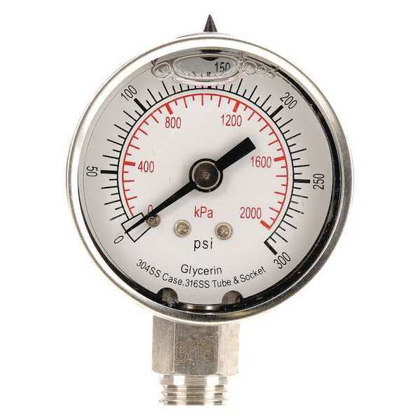 Pressure Gauge, 0 to 300 psi, 1/4 in MNPT, Stainless Steel, Silver