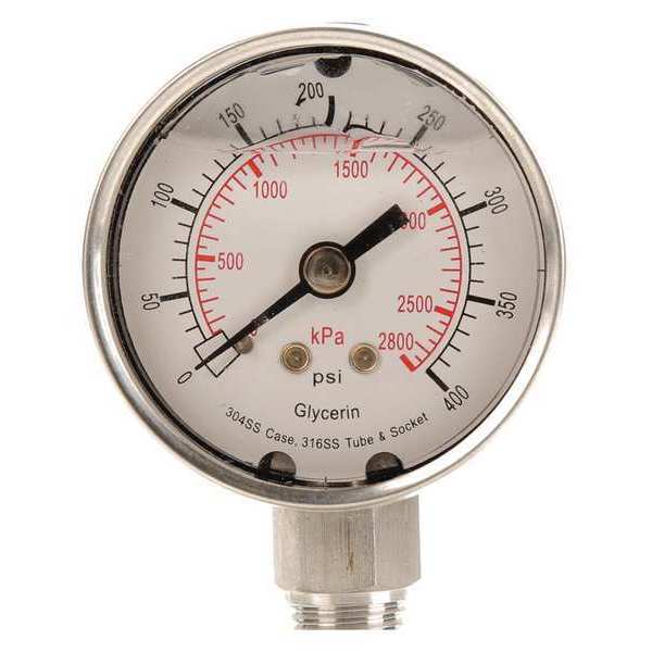 Pressure Gauge, 0 to 400 psi, 1/4 in MNPT, Stainless Steel, Silver