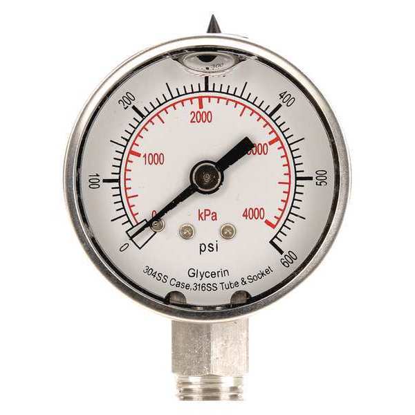 Pressure Gauge, 0 to 600 psi, 1/4 in MNPT, Stainless Steel, Silver