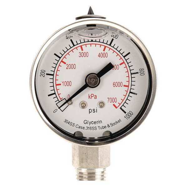 Pressure Gauge, 0 to 1000 psi, 1/4 in MNPT, Stainless Steel, Silver