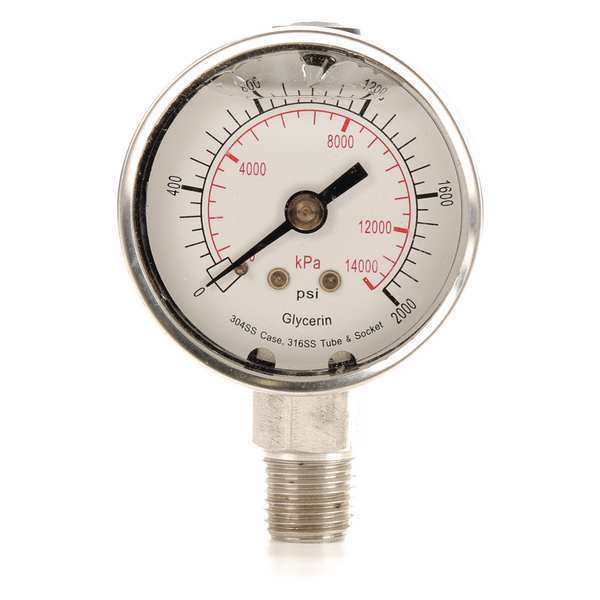 Pressure Gauge, 0 to 2000 psi, 1/4 in MNPT, Stainless Steel, Silver