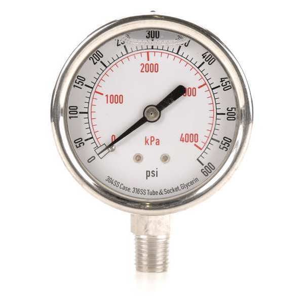 Pressure Gauge, 0 to 600 psi, 1/4 in MNPT, Stainless Steel, Silver