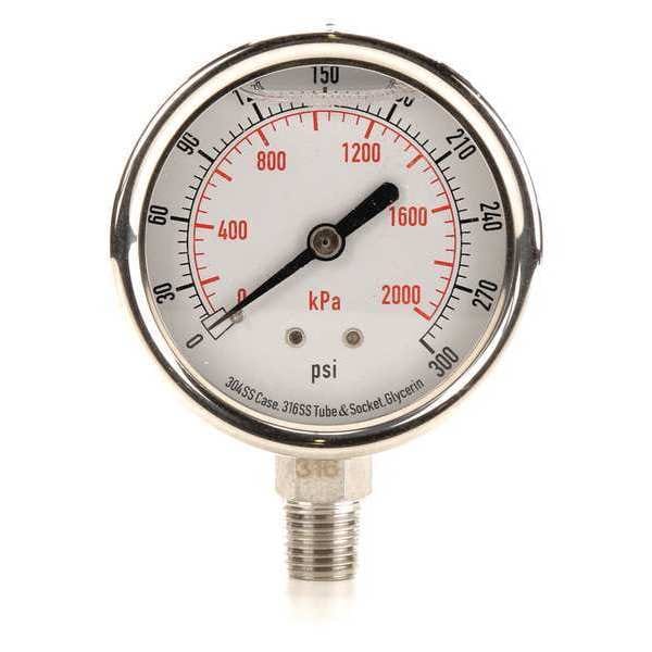 Pressure Gauge, 0 to 300 psi, 1/4 in MNPT, Stainless Steel, Silver
