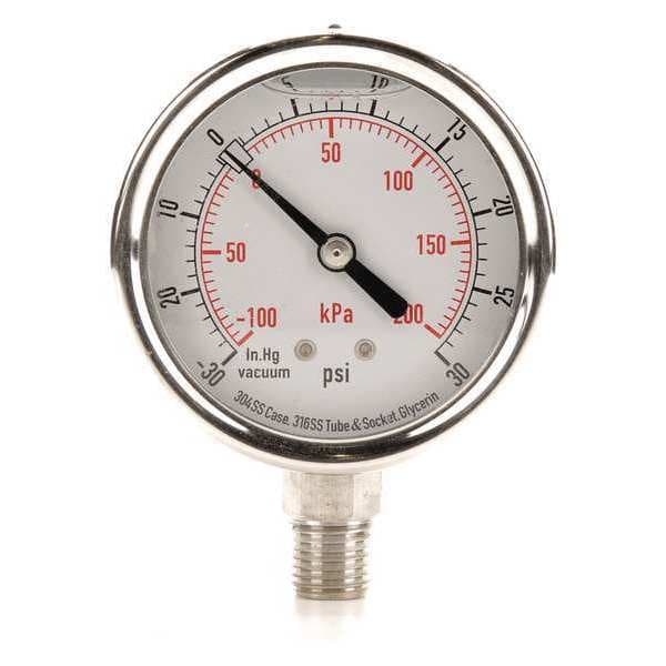 Compound Gauge, -30 to 0 to 30 in Hg/psi, 1/4 in MNPT, Stainless Steel, Silver