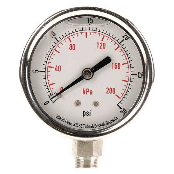 Pressure Gauge, 0 to 30 psi, 1/4 in MNPT, Stainless Steel, Silver
