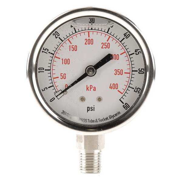Pressure Gauge, 0 to 60 psi, 1/4 in MNPT, Stainless Steel, Silver