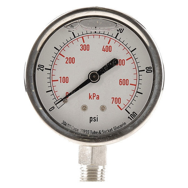 Pressure Gauge, 0 to 100 psi, 1/4 in MNPT, Stainless Steel, Silver