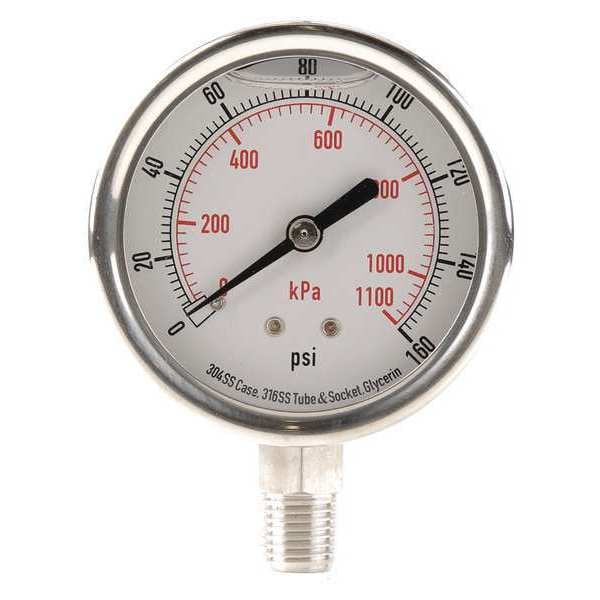 Pressure Gauge, 0 to 160 psi, 1/4 in MNPT, Stainless Steel, Silver
