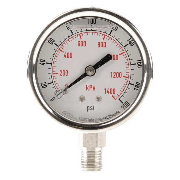 Pressure Gauge, 0 to 200 psi, 1/4 in MNPT, Stainless Steel, Silver