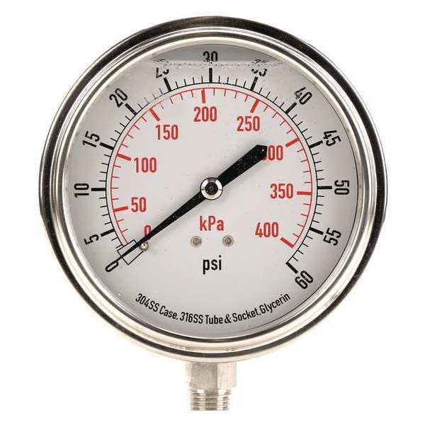 Pressure Gauge, 0 to 60 psi, 1/4 in MNPT, Stainless Steel, Silver