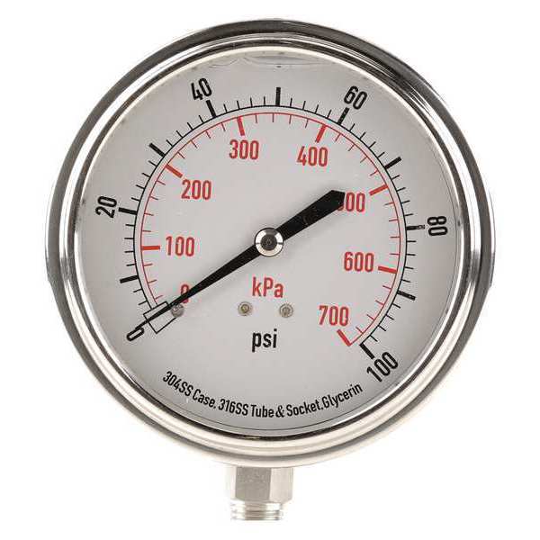 Pressure Gauge, 0 to 100 psi, 1/4 in MNPT, Stainless Steel, Silver