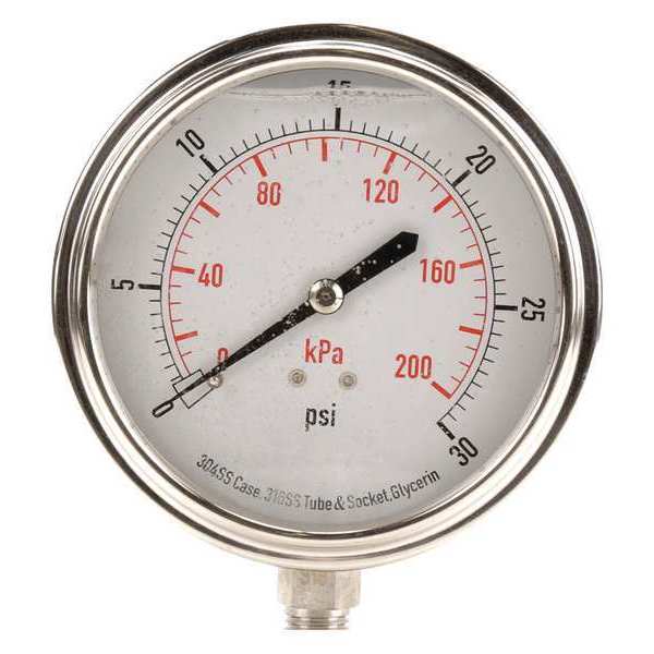 Pressure Gauge, 0 to 30 psi, 1/4 in MNPT, Stainless Steel, Silver