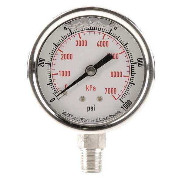 Pressure Gauge, 0 to 1000 psi, 1/4 in MNPT, Stainless Steel, Silver
