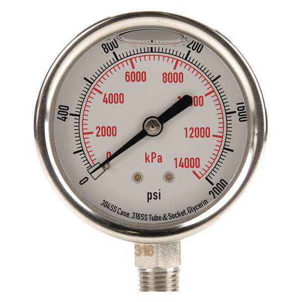 Pressure Gauge, 0 to 2000 psi, 1/4 in MNPT, Stainless Steel, Silver
