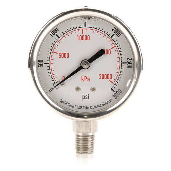 Pressure Gauge, 0 to 3000 psi, 1/4 in MNPT, Stainless Steel, Silver