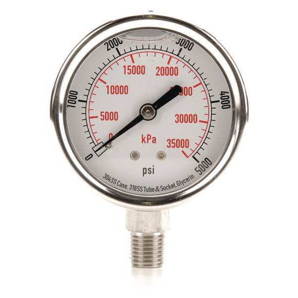 Pressure Gauge, 0 to 5000 psi, 1/4 in MNPT, Stainless Steel, Silver