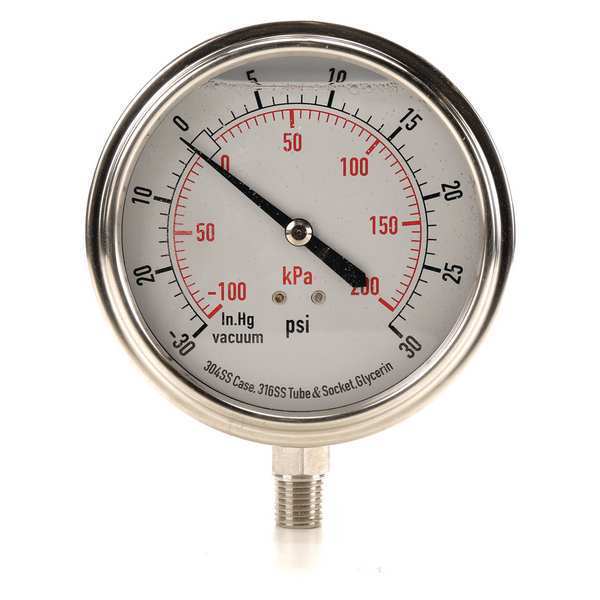 Compound Gauge, -30 to 0 to 30 in Hg/psi, 1/4 in MNPT, Stainless Steel, Silver