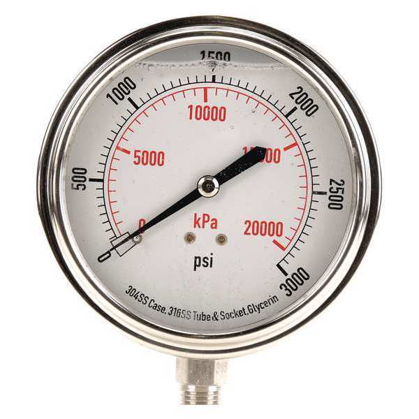 Pressure Gauge, 0 to 3000 psi, 1/4 in MNPT, Stainless Steel, Silver