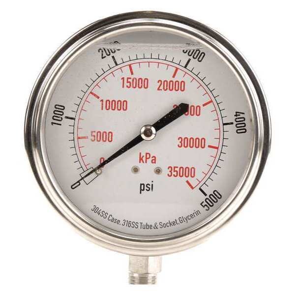Pressure Gauge, 0 to 5000 psi, 1/4 in MNPT, Stainless Steel, Silver